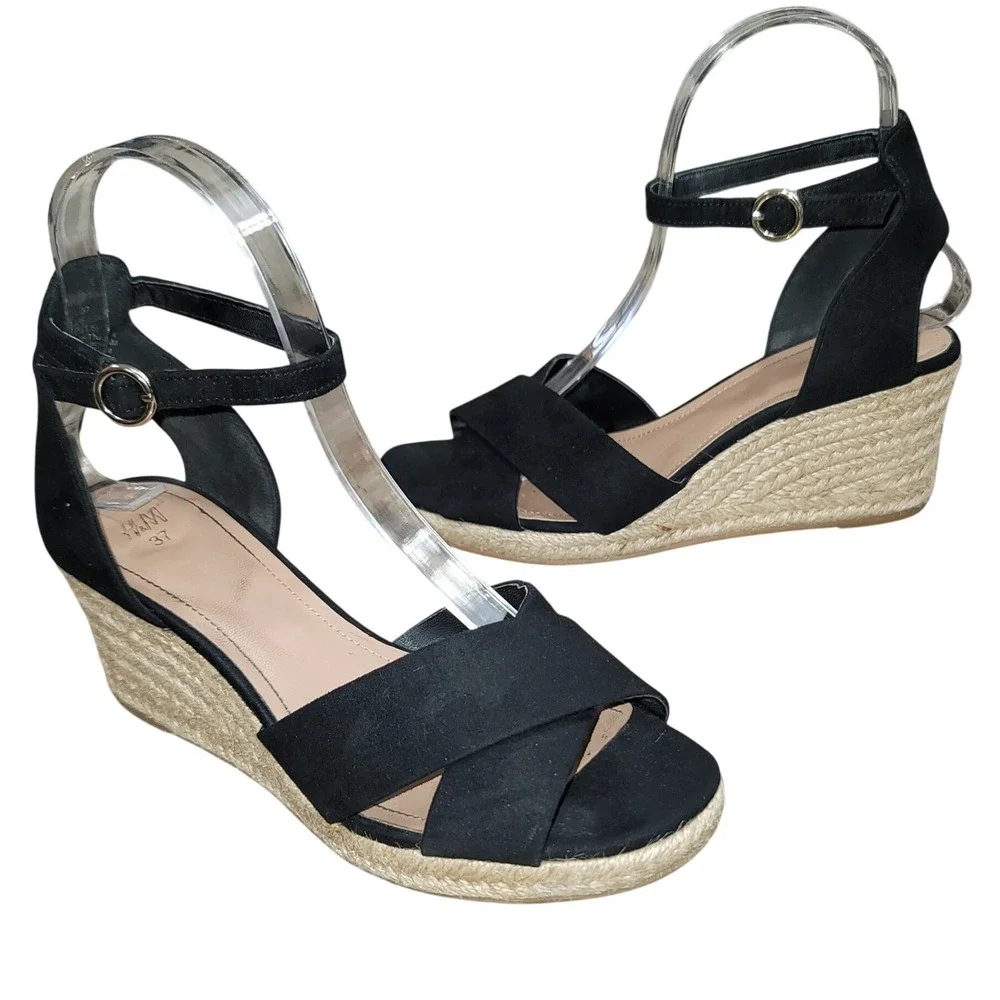 H&M Womens Black Wedge Espadrille Crossover Strap Sz 6 Boho Office Casual Dressy